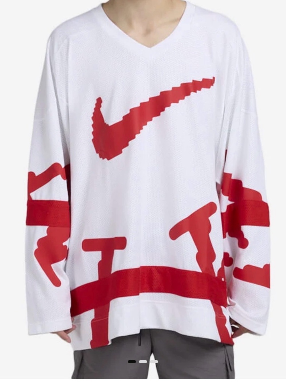 Nike White Oversized V-Neck Jersey with Red Graphic Swoosh